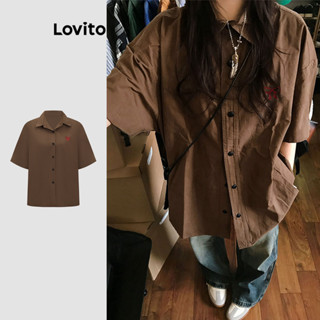 Lovito Blusa Casual Com Bordado Liso E Botão Frontal Para Mulheres L122AD002 em Oferta na Shopee