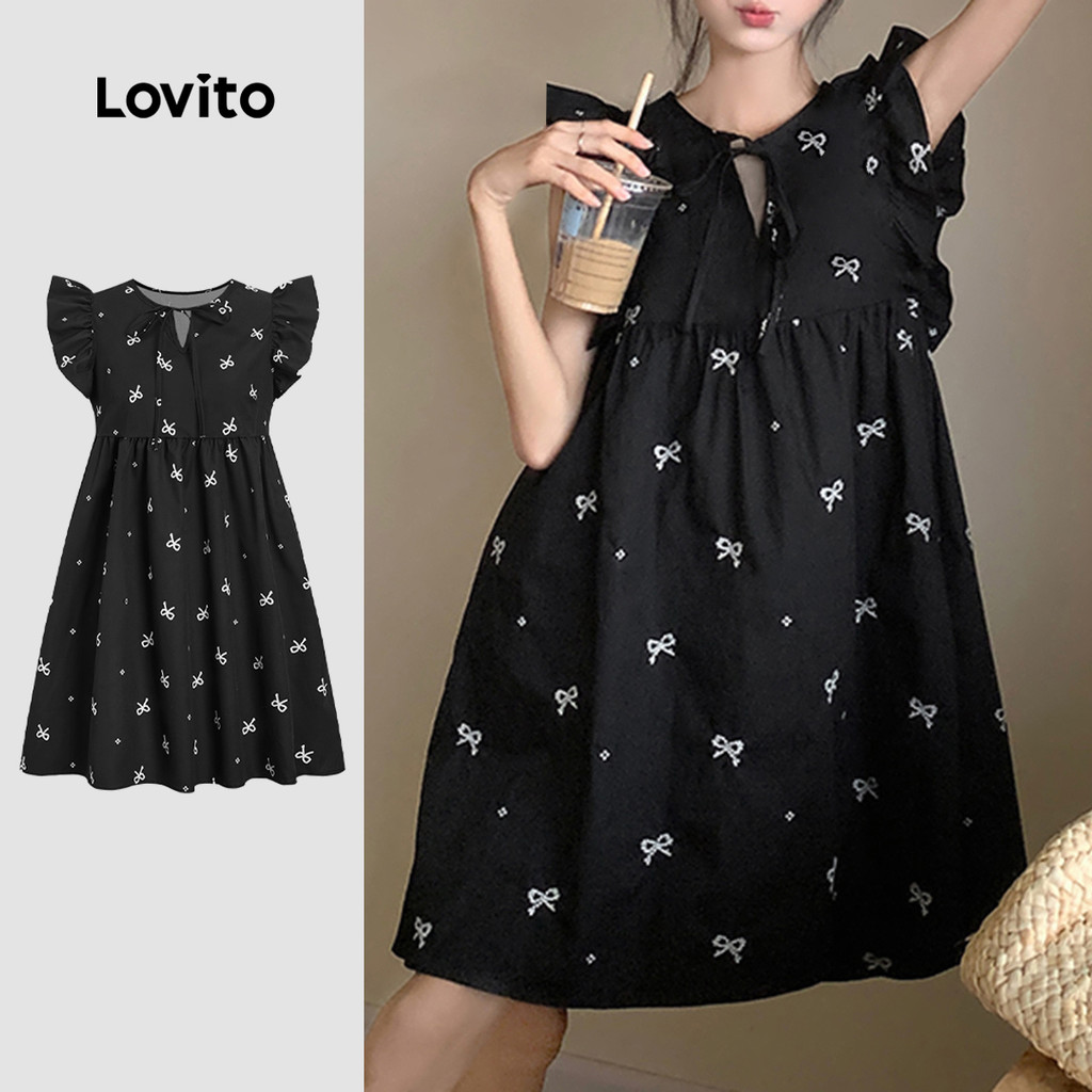 Lovito Vestido Casual Ditsy Floral Laço Frontal Manga Babado Vestido De Verão/Primavera Para Mulheres L117AD063 em Oferta na Shopee