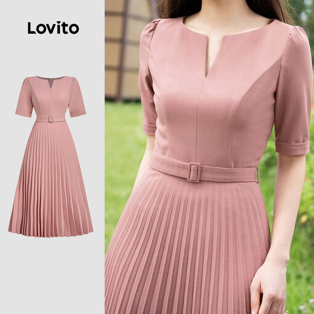 (NEW) Lovito Vestido Elegante Plissado com Cinto para Primavera/verão Rosa para