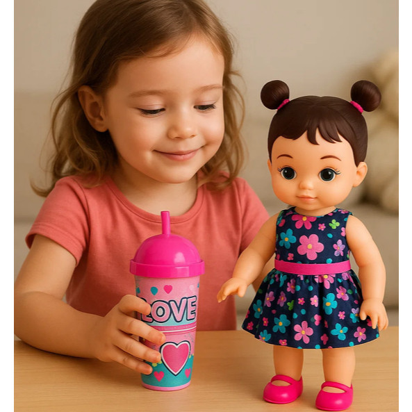 Boneca Hannah Suquinho com Copo Infantil Interativa Brinquedo Educativo Presente para Crianças