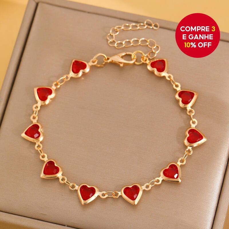 Pulseira de joias acessório de aço inoxidável na cor vermelha com coração de pedra preciosa, ajustável em comprimento, em Oferta na Shopee