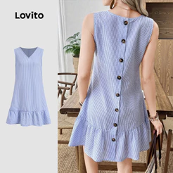 Lovito Casual Vestido botão babado bainha primavera/verão vestido azul branco para mulheres LBL32307