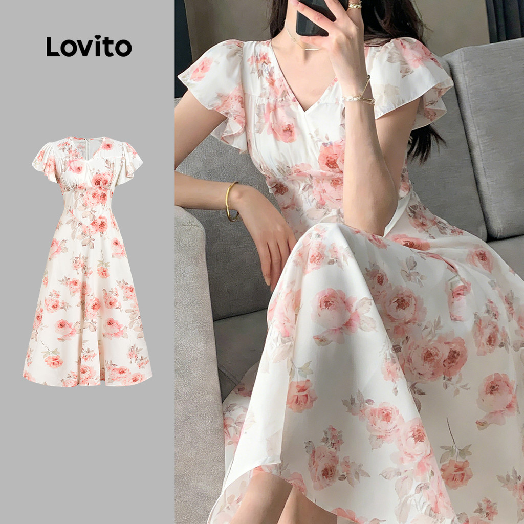 Lovito  Vestido Elegante com Babados para Mulheres Primavera/Verão LBL33063 em Oferta na Shopee