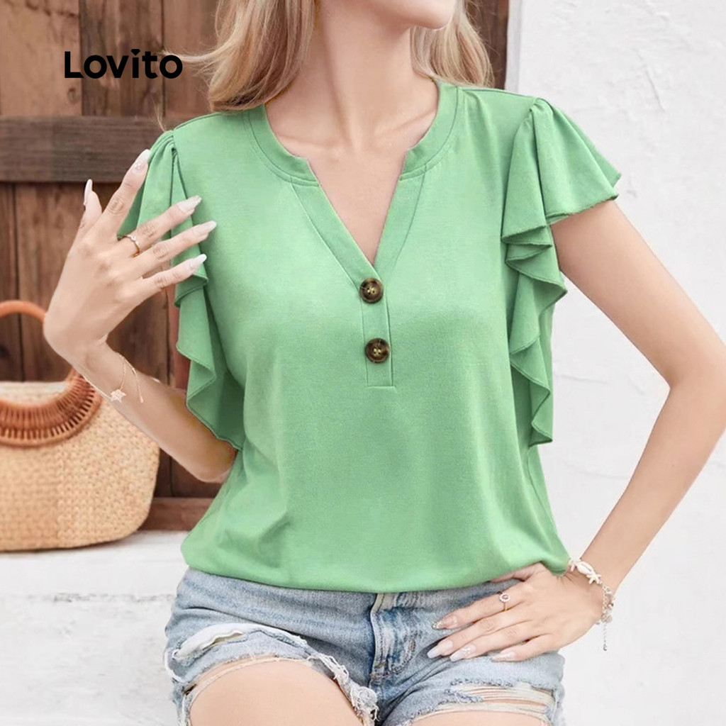 Lovito  Camiseta Casual Babado Botão Frontal Primavera/verão Verde para Mulheres. LNL134178 em Oferta na Shopee