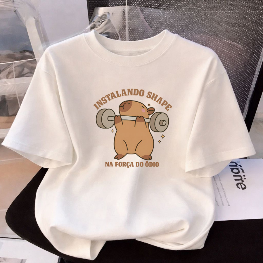 Camiseta Oversized Blusão Academia Fitness Estampada Tecido Algodão Gola Redonda Confortável