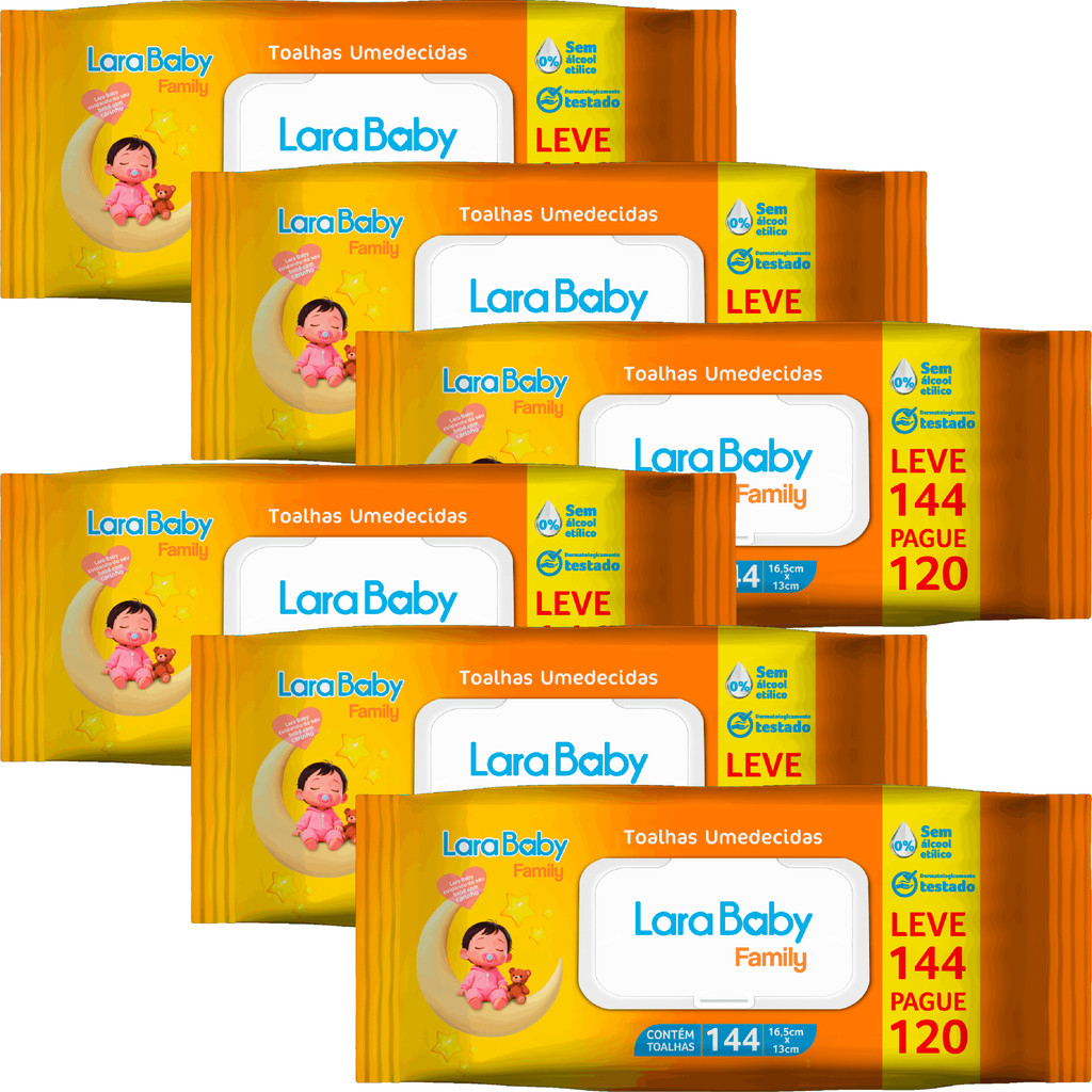 Kit C/6 Lenço Umedecido Lara Baby Family 144 Unidades Total 864