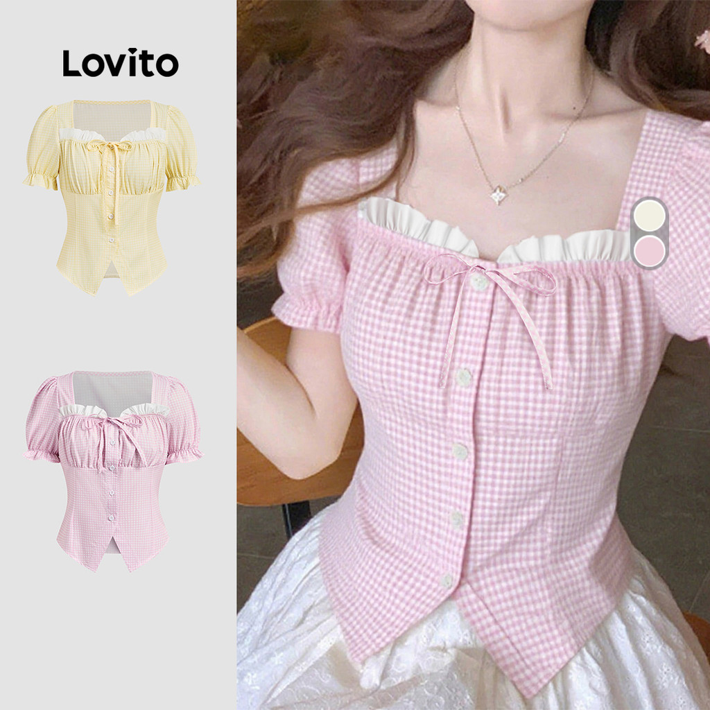 Lovito Blusa Linda de Renda com Amarração Primavera/verão Blusa Rosa para mulheres L151AD154 em Oferta na Shopee