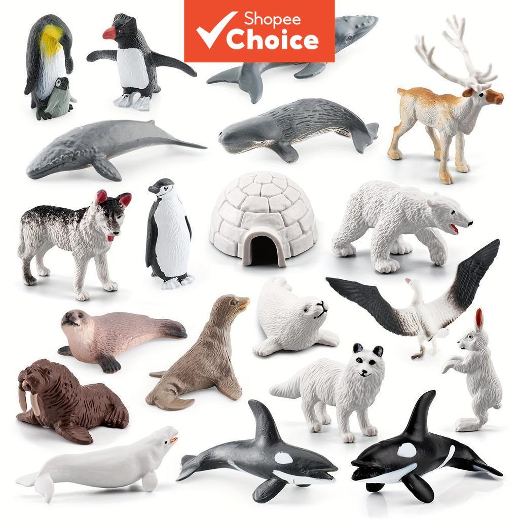 Conjunto De Estatuetas Simuladas Da Vida Selvagem Antártica Do Ártico Com Selo De Raposa Polar Beluga Penguin Winter Kid