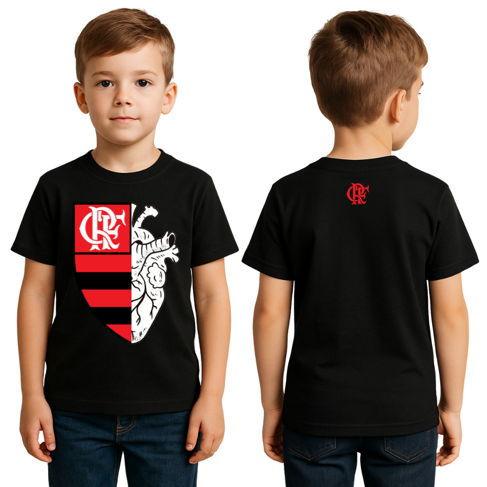 Camiseta Times Blusa Infantil Juvenil 100% Algodão Preta Coração Escudo Futebol, Camiseta time