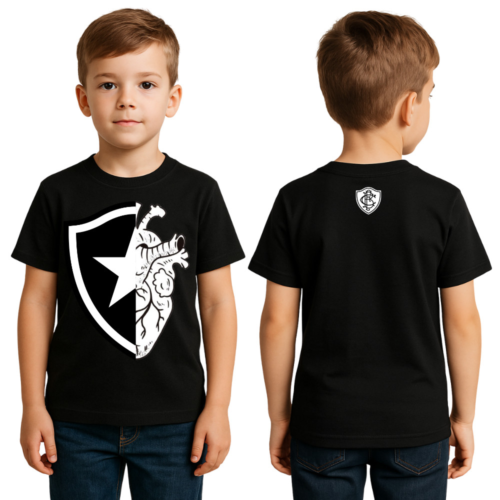 Camiseta Times Blusa Infantil Juvenil 100% Algodão Preta Coração Escudo Futebol, Camisa F.O.G.O