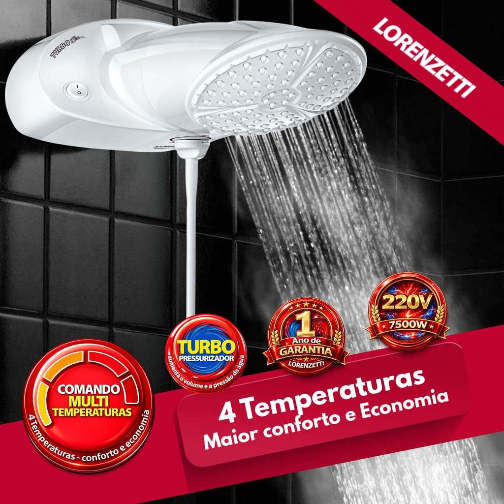 Ducha Top Jet Turbo Multitemperaturas Com Pressurizador 7500w 220v Lorenzetti