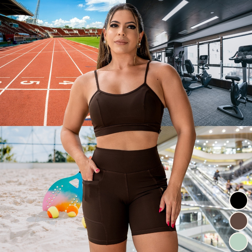 Conjunto Academia Feminino Alta Compressão Short com Bolso + Top Sustentação em Oferta na Shopee