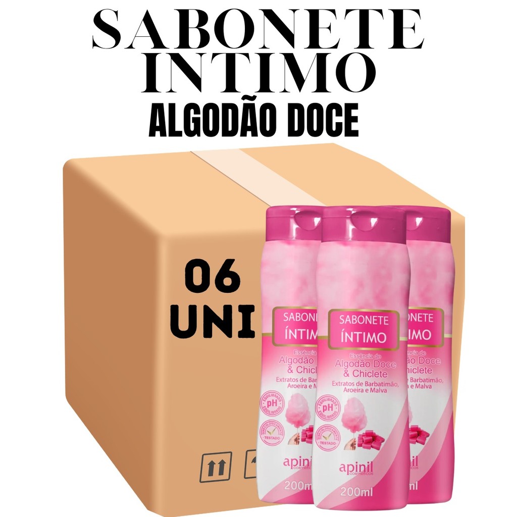 Kit 06 Unidades Sabonete Íntimo Feminino Aroma de Algodão Doce 200ml Apinil