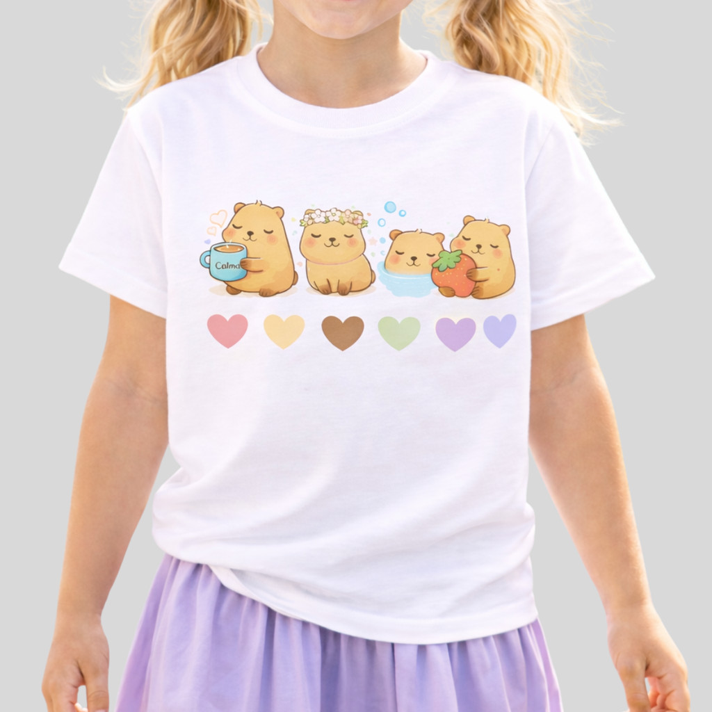Camiseta Infantil Capivaras Fofa Apaixonadas Moda Trend 2026 Estampa Cute Feminina Menina Algodão Confortável