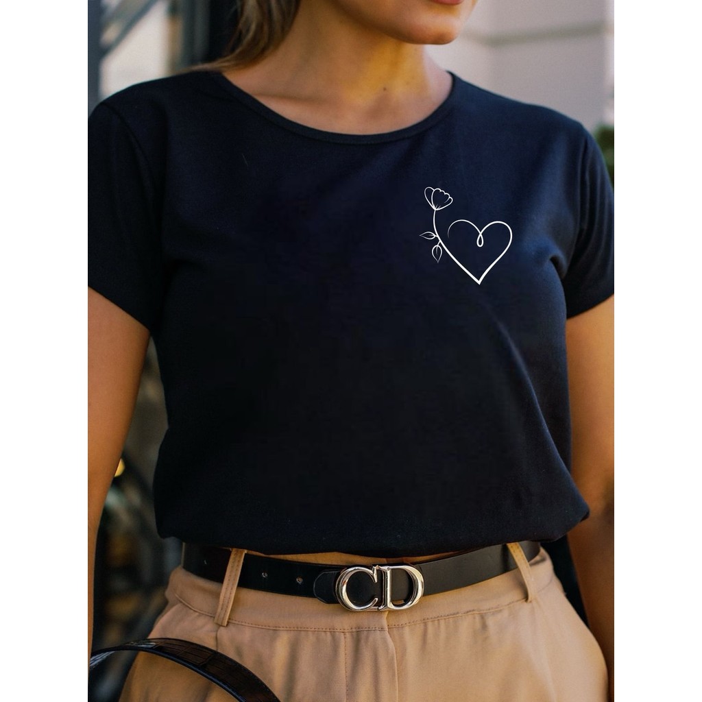 Tshirt Feminina Coração e Flor Lançamento Camiseta 100% Algodão Camisetão Solta Plus Size Camiseta - NB the Shirt