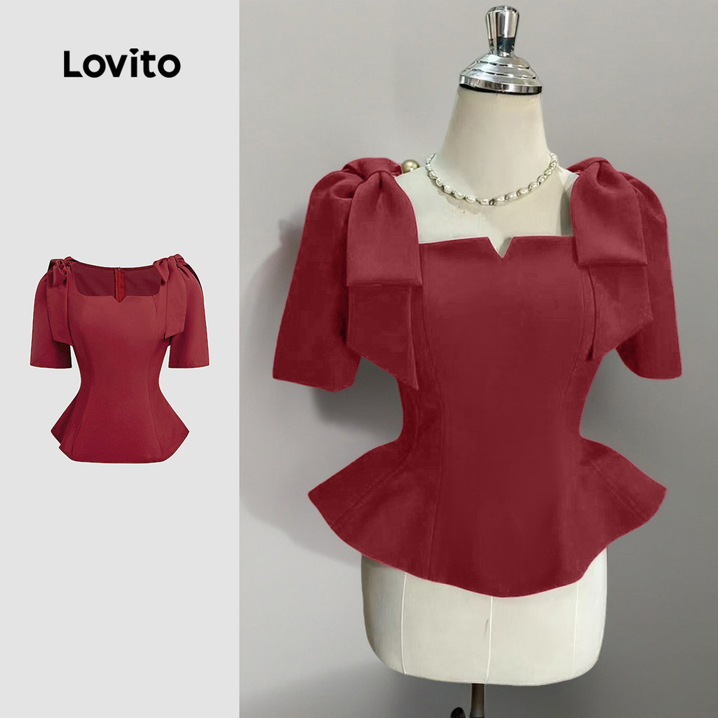 Lovito Blusa Vintage Com Laço Para Festa Cor Vinho Para Mulheres L157ED360 em Oferta na Shopee