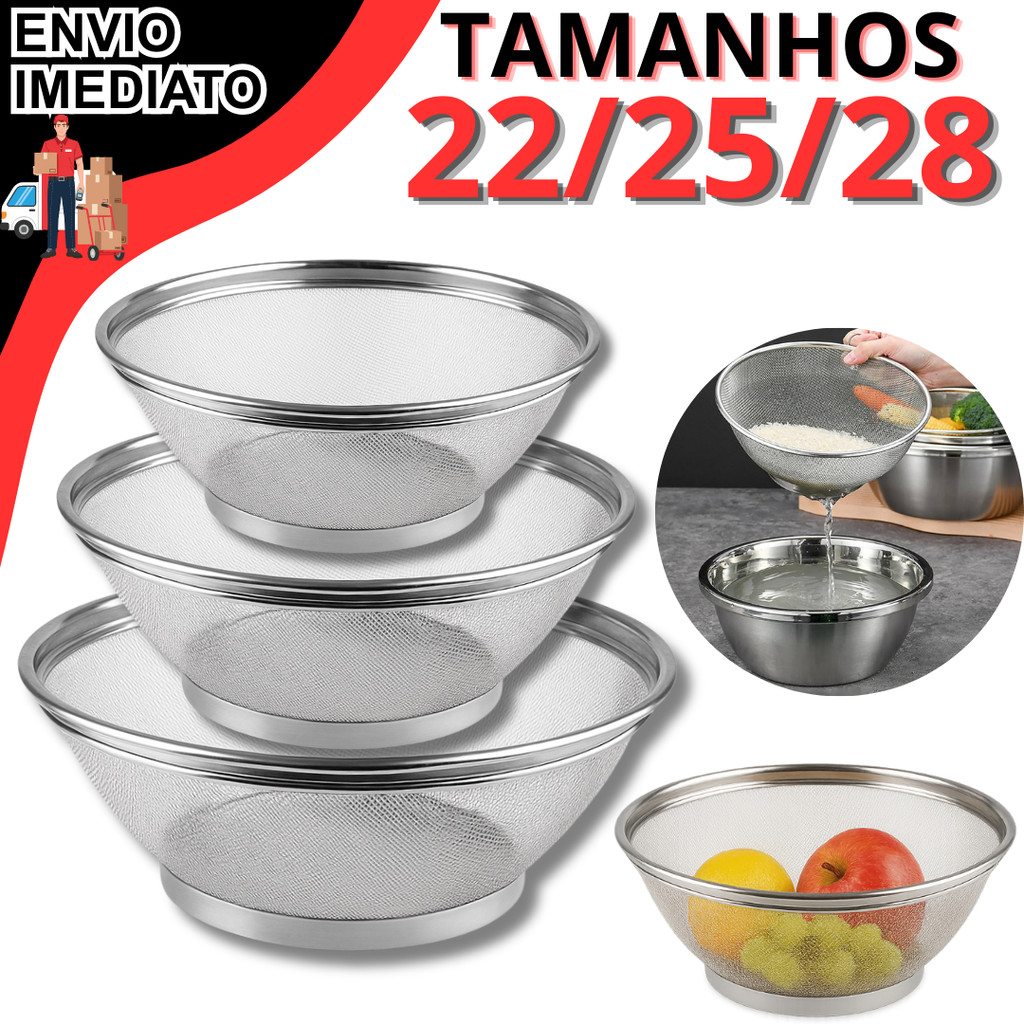 Cesto De Inox Escorredor 22 25 E 28CM Para Lavar Alimentos Arroz Legumes Frutas Massas Resistente Multiuso