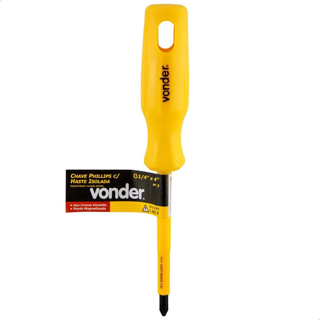 Chave Phillips Isolada 1/4" x 4" PH2 Vonder Aço CrV 1000V Norma IEC 60900 NR10
