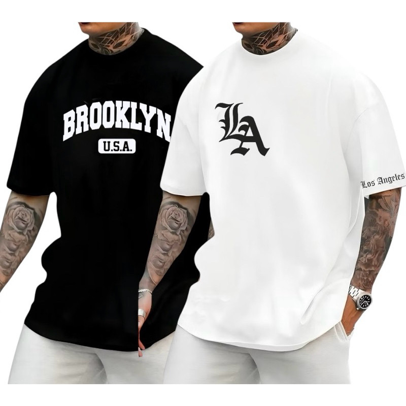 Kit 2 Camiseta básica Masculina Los Angeles Brooklyn Camisa 100% Algodão Confortavel — imagem 2 de 2