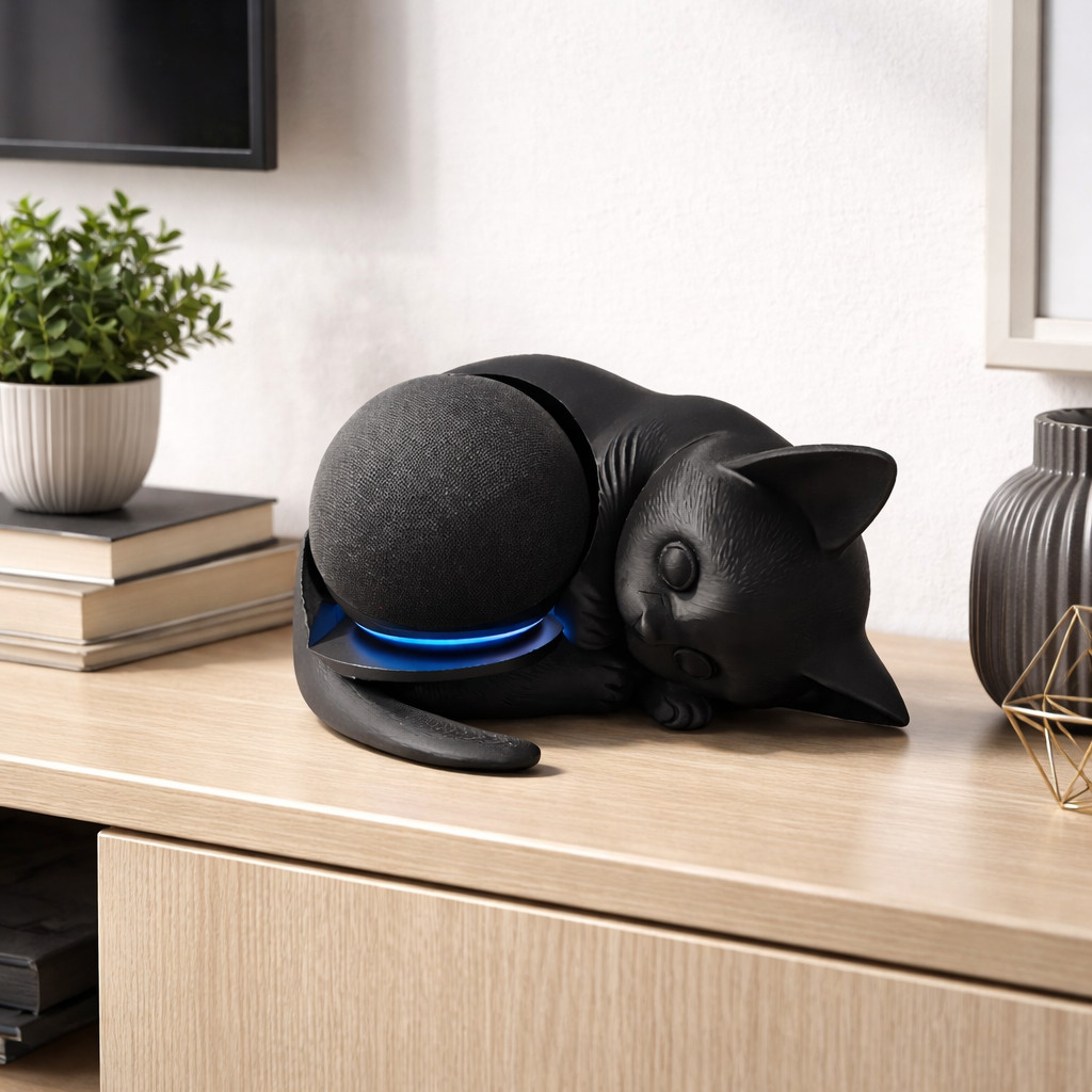 Suporte Alexa Echo Dot 4 e 5 Geração Gato Decorativo em 3D para Estante, Mesa e Rack Moderno