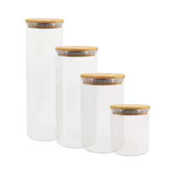 Potes de Vidro P/ Mantimentos C/ Tampa Bambu Oikos - 4 Pçs