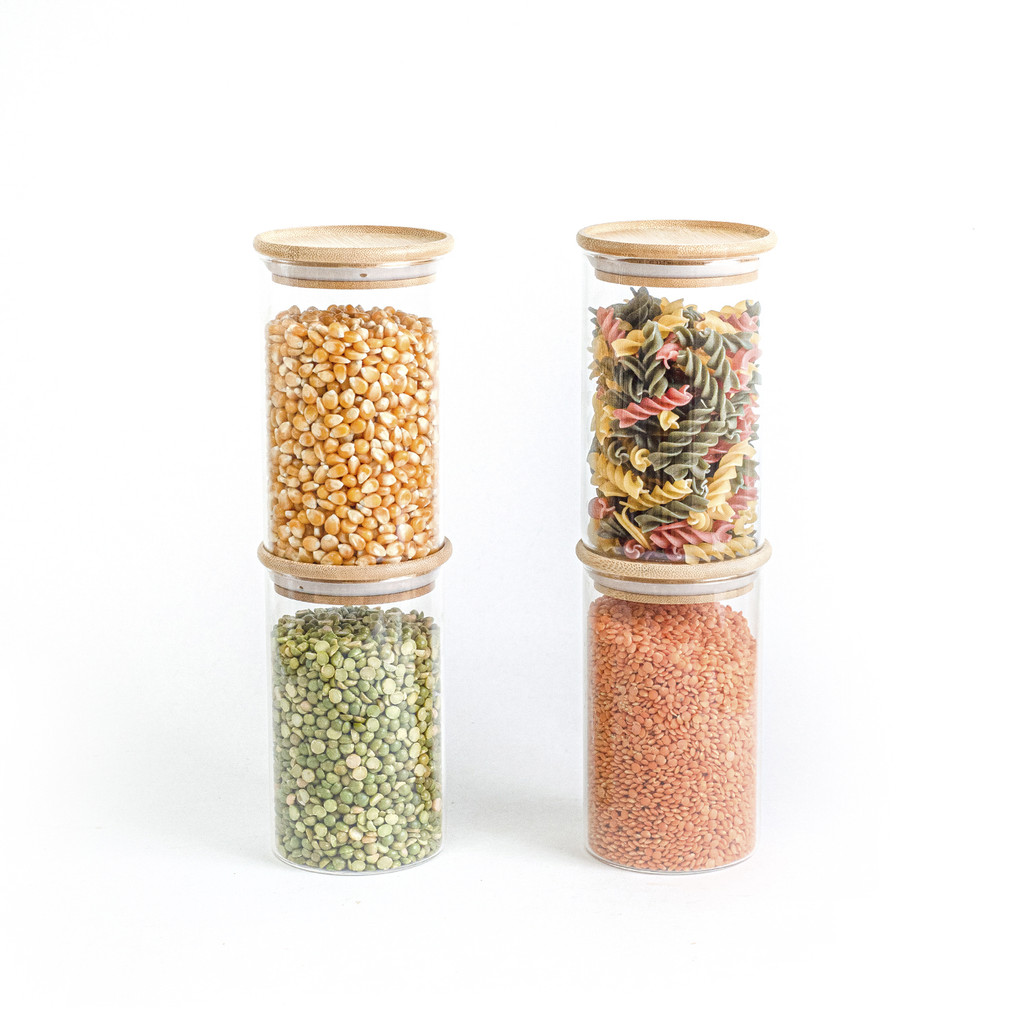 Kit 4 Potes de Vidro Empilhável Hermético Tampa Bambu 600ml Oikos em Oferta na Shopee