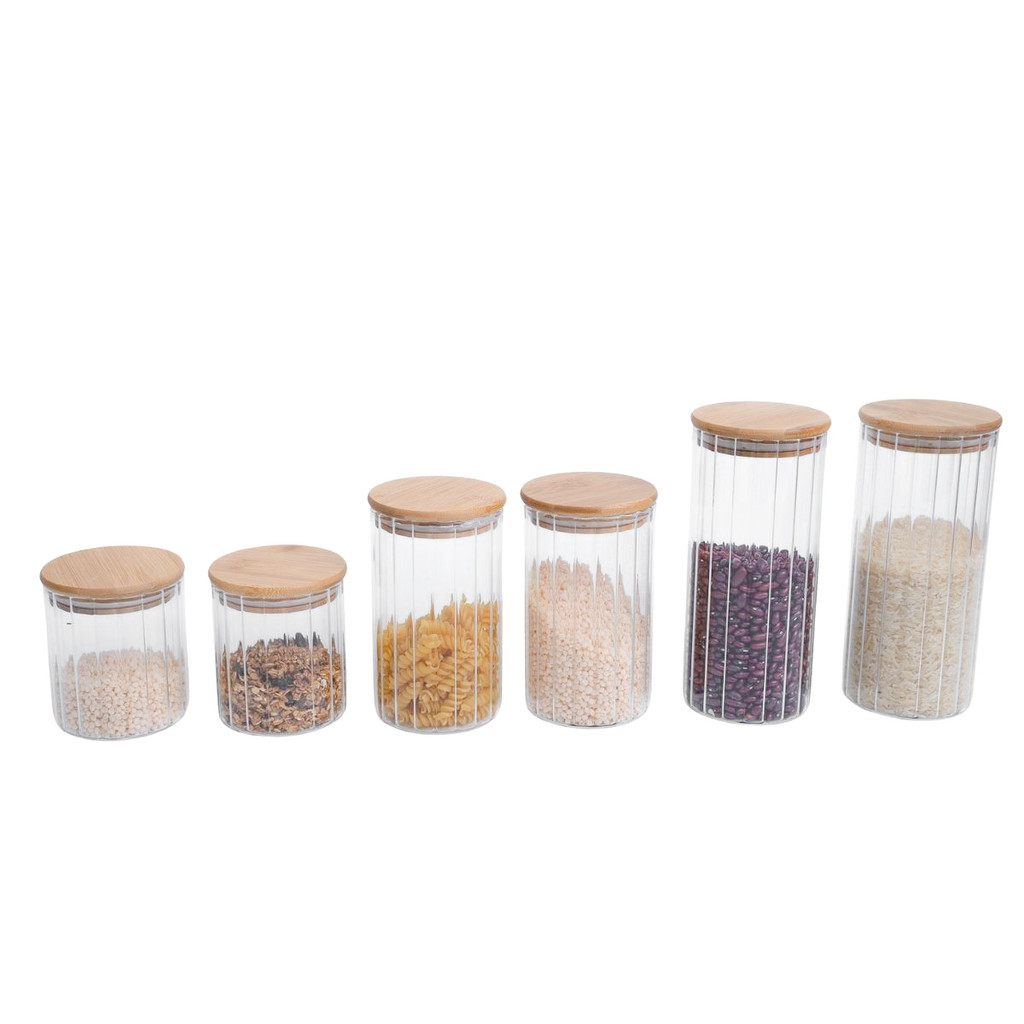 Kit 3 Potes Vidro Herméticos Para Mantimentos Canelado com Tampa de Bambu - Oikos