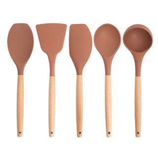 kit 5 utensílios de silicone com cabo de madeira para cozinha - oikos em Oferta na Shopee