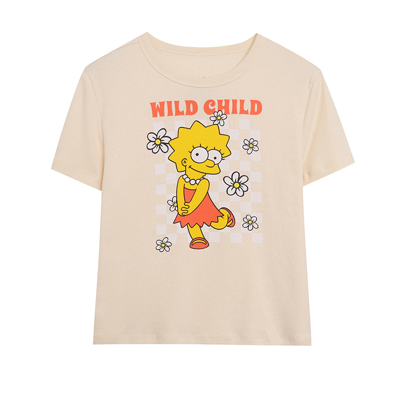 Comércio exterior 100% algodão respirável estiramento dos desenhos animados impresso camisa com rosca fundo mais magro o