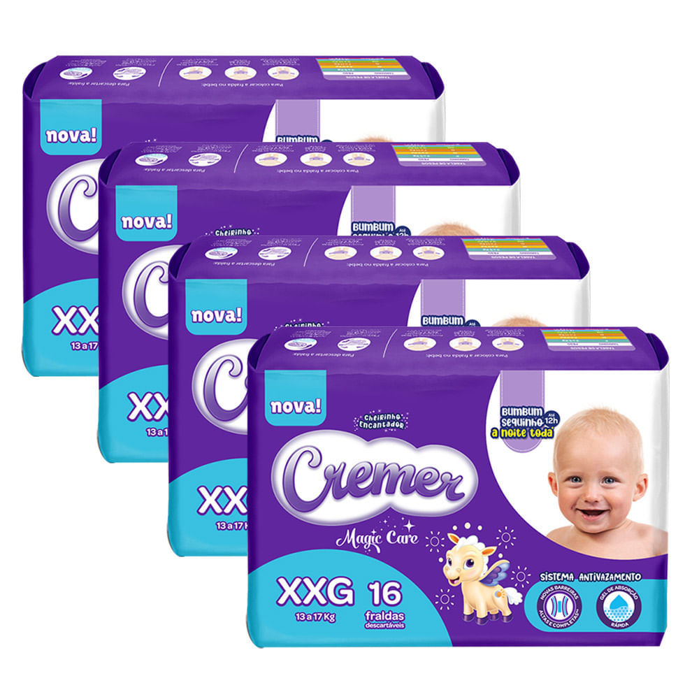 Kit 4 Fralda Cremer Magic Care Tamanho XXG Pacote Prática com 16 Fraldas Descartáveis