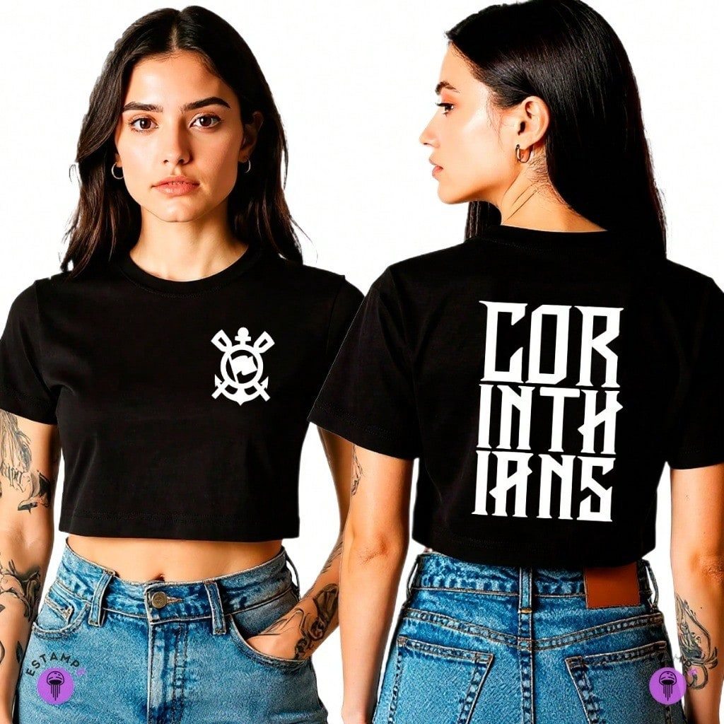 Cropped Feminina Corinthians Algodão Blusa Top Estiloso Time do Timão Torcedora P M G GG
