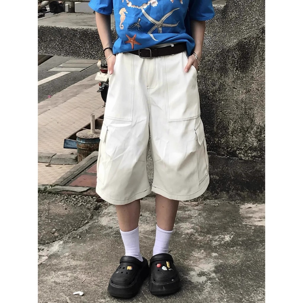 Shorts jeans estilo retrô americano com bolsos grandes para homens e mulheres, calças curtas de corte folgado e perna la