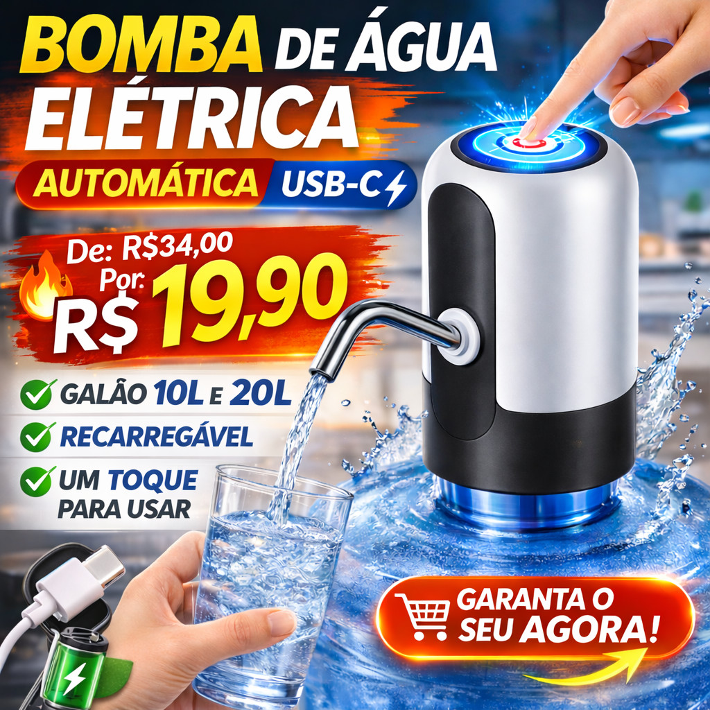 Bomba de Água Elétrica Automática USB-C para Galão 10L e 20L | Dispenser Recarregável em Oferta na Shopee