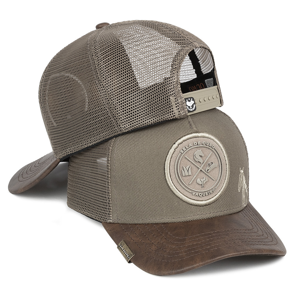 Boné Country Trucker Sela De Ouro Bordado Vaqueiro Aba Curva Em Couro Snapback com Cavalo