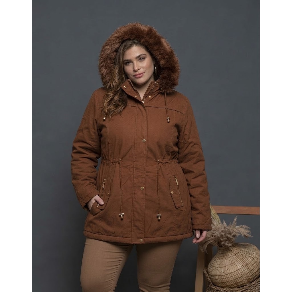 Jaqueta Parka Feminina Plus Size Inverno Capuz Pelo G3 G4 G5 G6