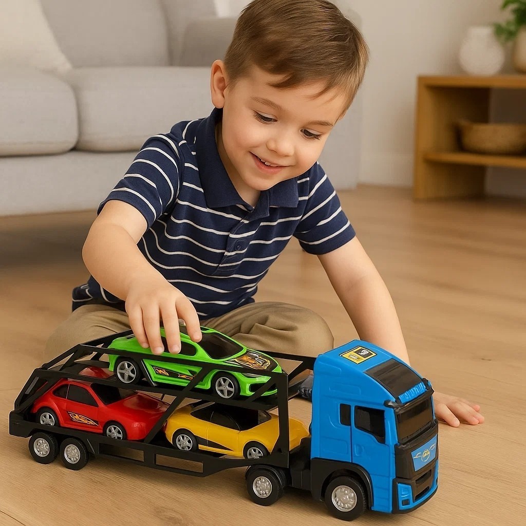 Caminhão Cegonha com 3 Carrinhos Azul Brinquedo Infantil Transporte Veicular Rampa Achadinhos