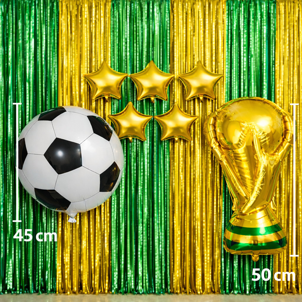 Kit Decoração Copa Completo – Cortina Verde Dourada + Balão Bola + Troféu + Estrelas Dourada ou Prata