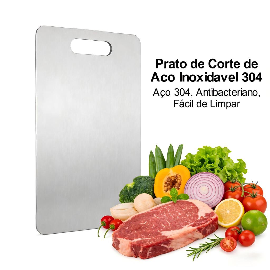 Tábua de Corte em Aço Inox 304 Profissional - Antibacteriana e Fácil de Limpar - 34x23cm