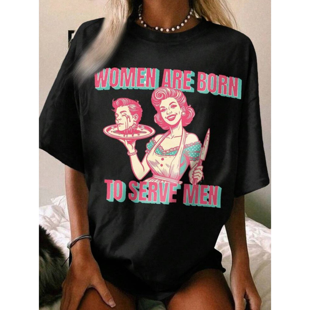 Camiseta Feminina Estampa Gráfica Ombro Caído Gola Redonda Casual Primavera Verão Estilosa Confortável Moderna