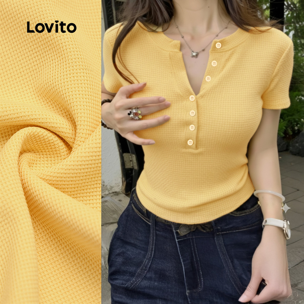 Lovito  Camiseta Casual Clássica e Versátil Frente Abotoada Primavera/verão Amarela para Mulheres. L172LD333