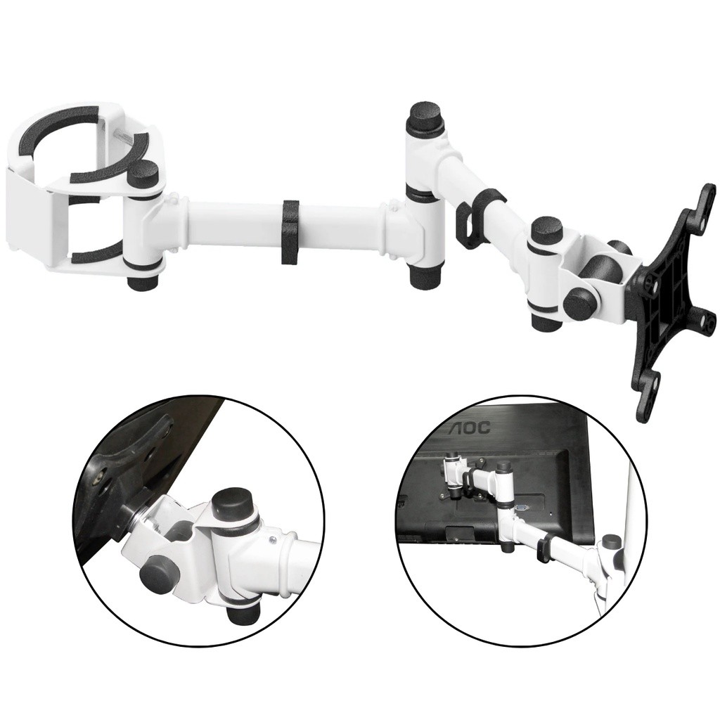 Suporte Monitor Tv Cadeira Odontologica Articulado 3 Movimentos Inclinação 90º Aço Carbono Fixação em Tubo 10 até 32 4kg