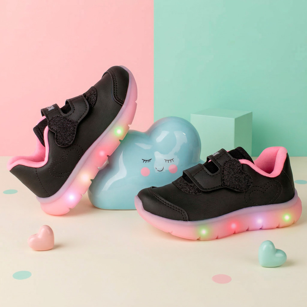 Tênis Infantil Menina Kidy Flex Light Calce Fácil Led Pisca Pisca Confortável Leve Casual
