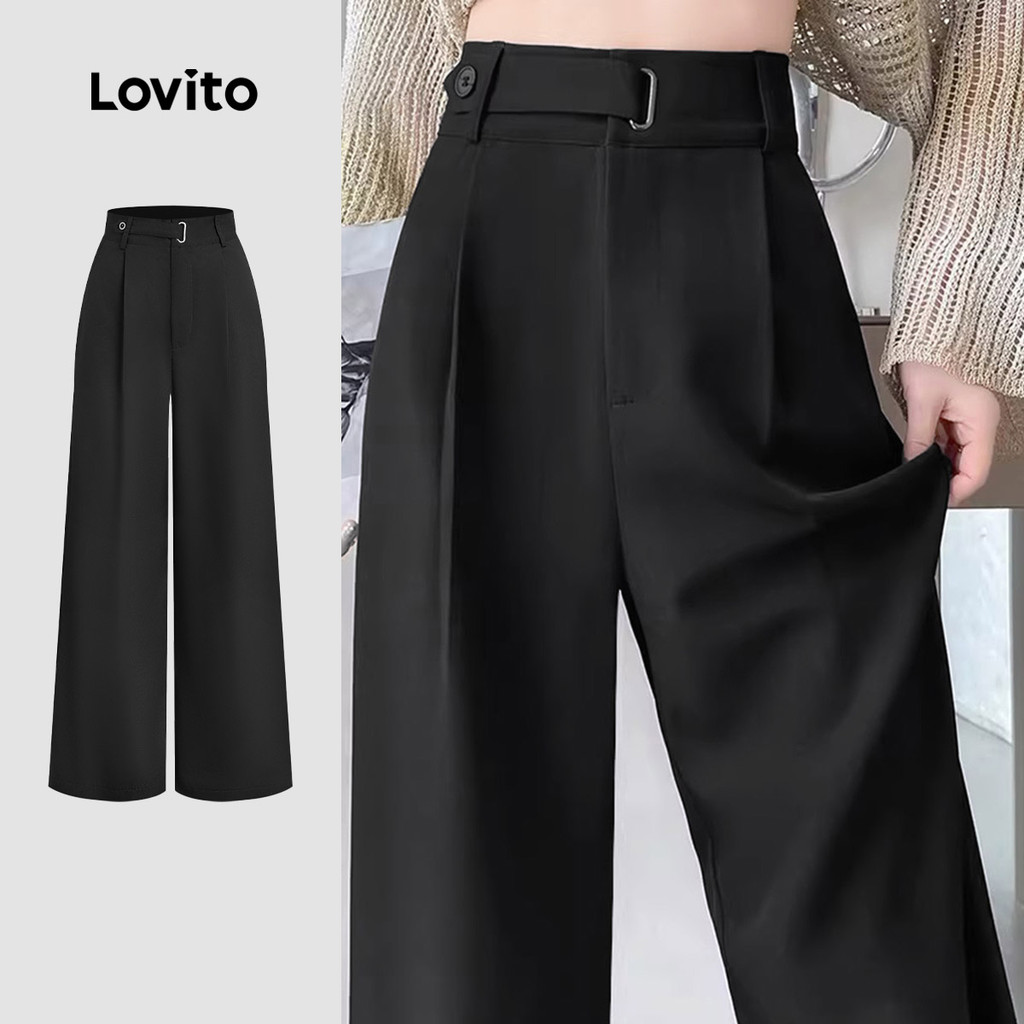 Lovito Elegante Calça com Botão Lazer Primavera/verão Preta para Mulheres L179AD126
