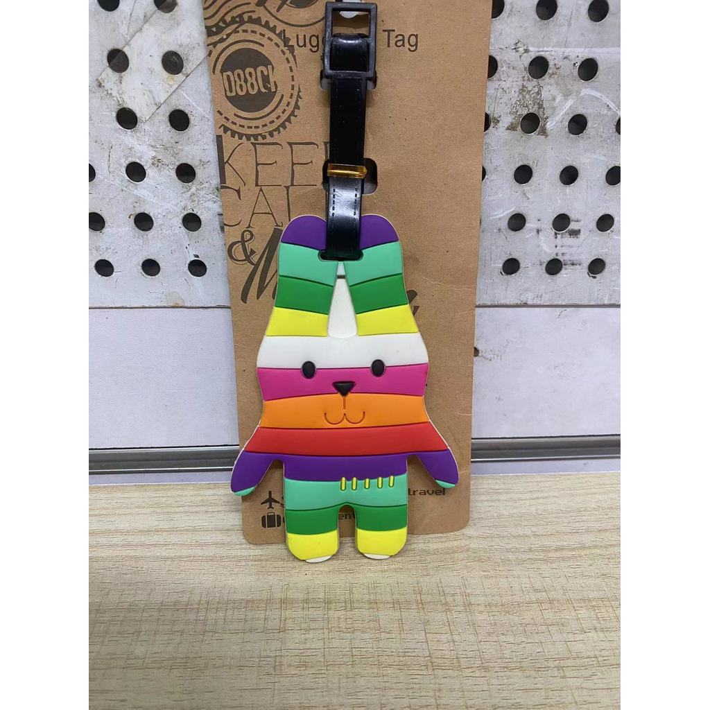 Etiqueta de bagagem fofa indispensável para viagem, etiqueta de bagagem de coelho listrado arco-íris RC8P