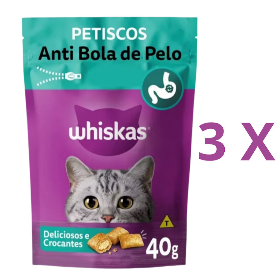 Kit Combo 3x Whiskas Temptation Anti Bola de Pelo 40g – Cuidado e Sabor para seu Gato!