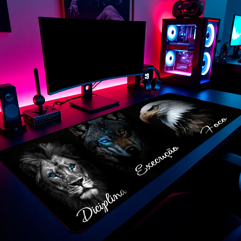 Mouse Pad Gamer Leão Lobo Águia Disciplina 65x30cm 80x40cm 90x50cm 120x60cm Borda Costurada