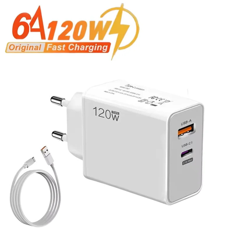 Carregador USB Tipo C de 120W com Carregamento Rápido, Adaptador de Energia para Celular, Carregador de Parede para iPho