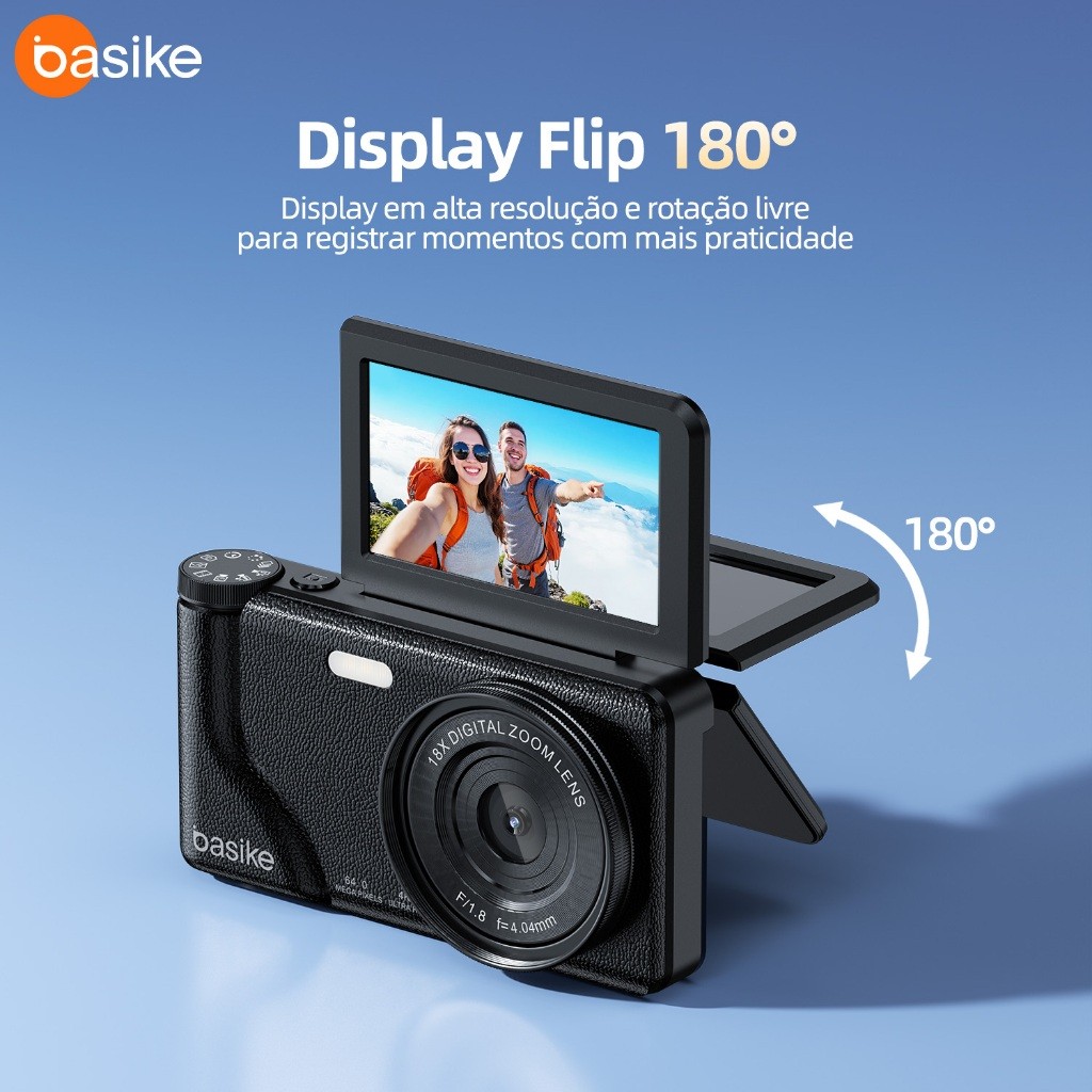 Basike Câmera Digital Portátil  4K 64 MP Zoom 18x Tela Giratória Ideal para Vídeos e Fotos
