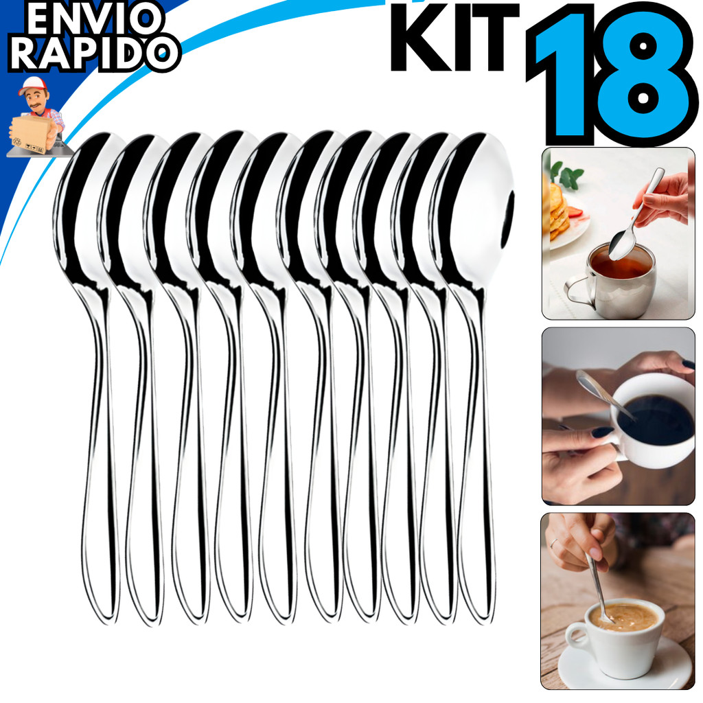 Kit 18 Colheres de Chá Inox 13cm Aço 100% Inox Resistente Ideal para Café Chá e Chocolate Quente