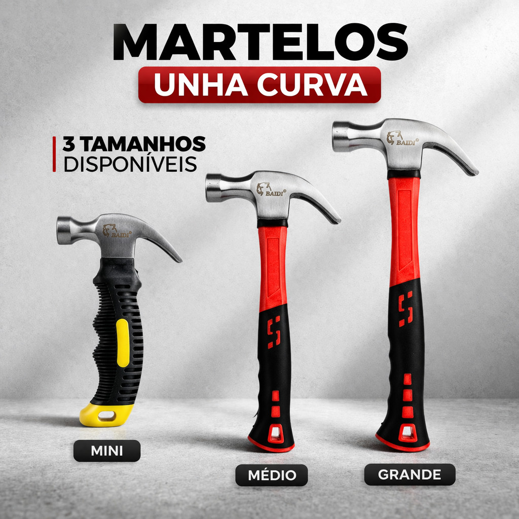 Martelo Carpinteiro Unha Curva Profissional Aço Carbono Cabo Fibra Emborrachado Pequeno Médio Grande